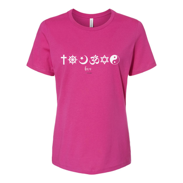 One Love Women's Tee with religious symbols from Christianity, Islam, and Judaism, promoting peace, love, and religious harmony. 100% cotton relaxed fit shirt in Charity Pink.